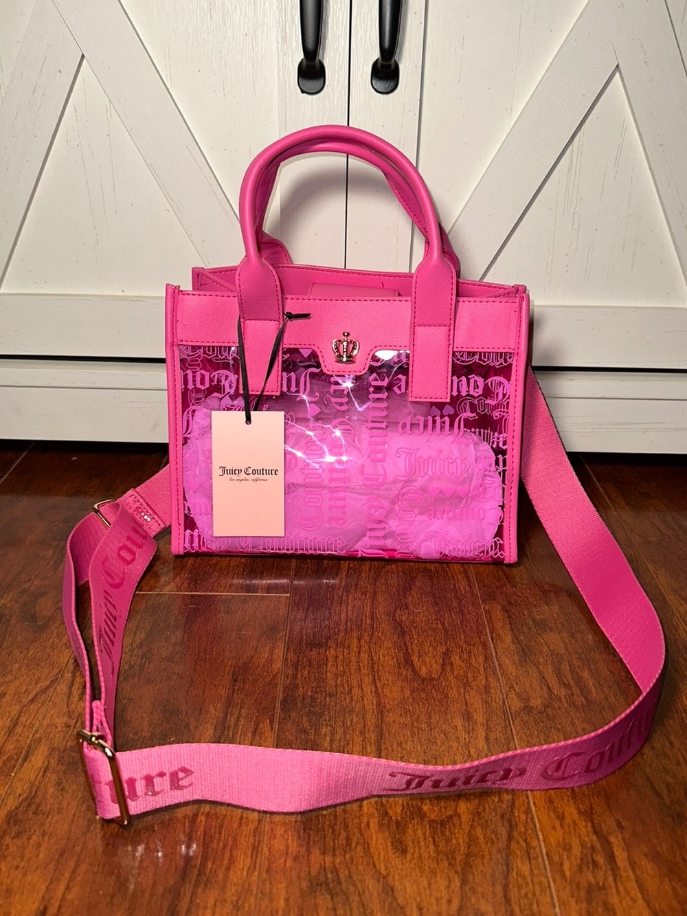 Juicy Couture Beachin Small Tote Clear Crossbody in Heart Juicy Pink Logo